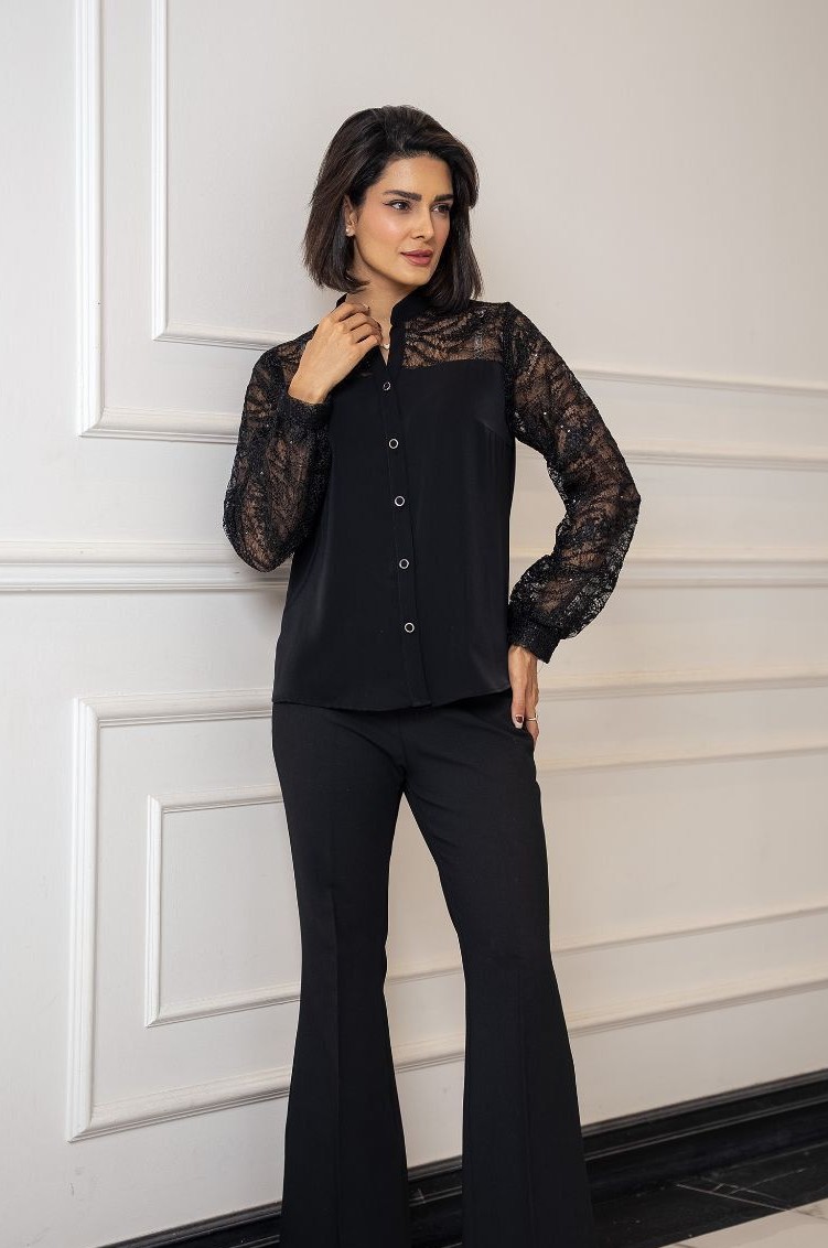 شومیز زنانه مجلسی سرشانه و آستین گیپور