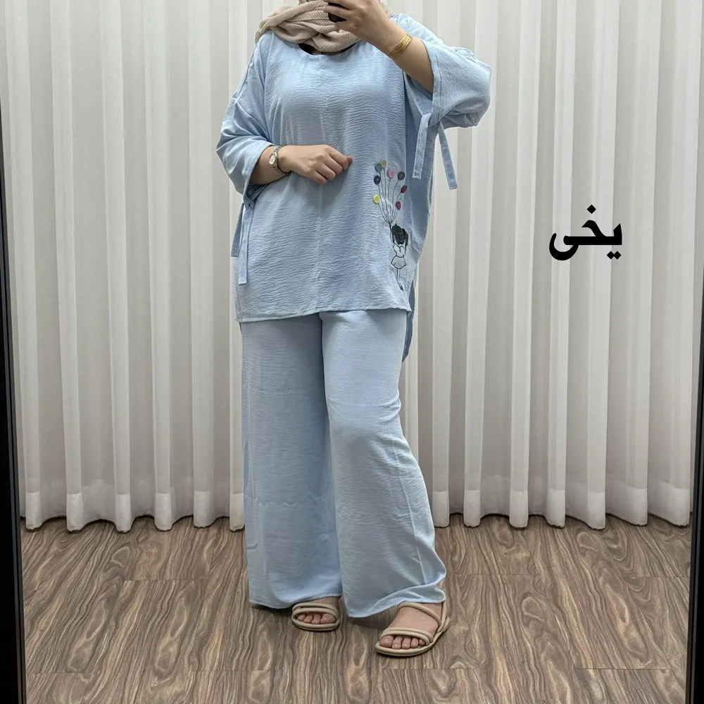 ست بلوز شلوار بادکنکی فری سایز تا 52 ابر و باد چهارفصل شیک و راحت بدون آبرفت و رنگ رفتگی