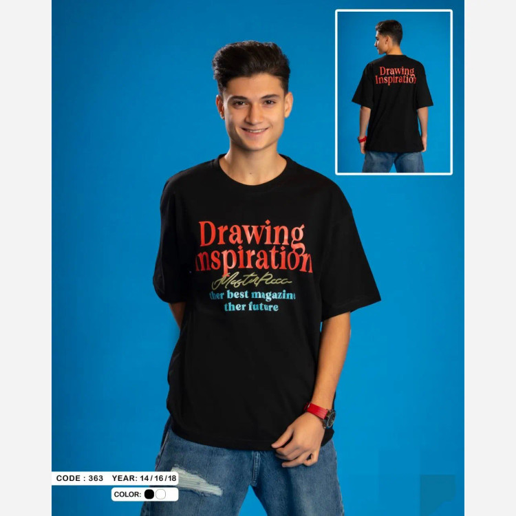 تیشرت نوجوان سایز بزرگ طرح Drawing پنبهای لژ و باکسی سفید و مشکی