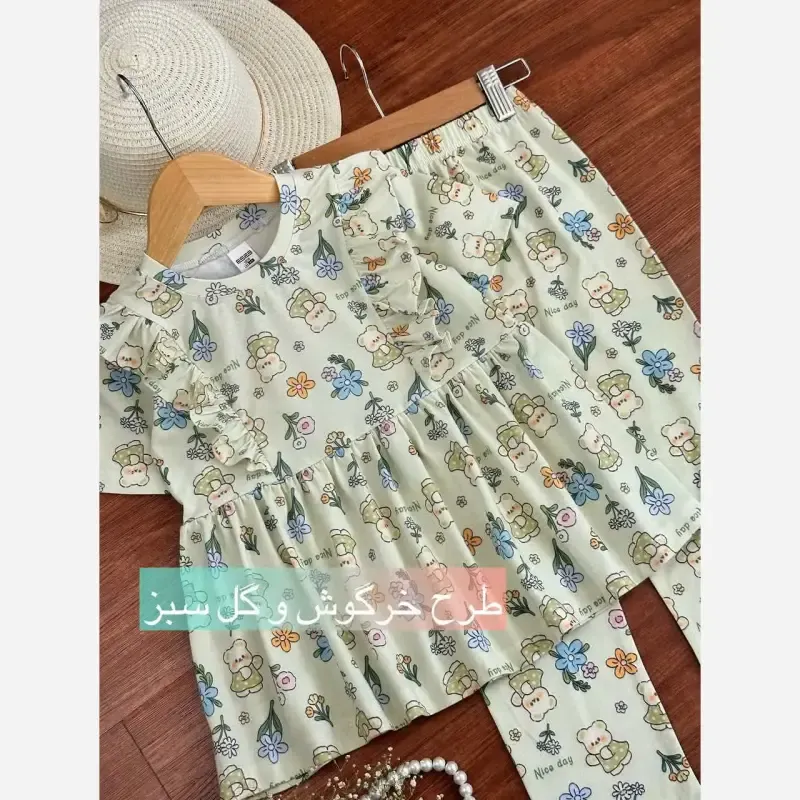 ست بلوز و شلوار راحتی دخترانه مدل خرگوش و گل سبز جنس پنبه لاکرا سایز 40 تا 60